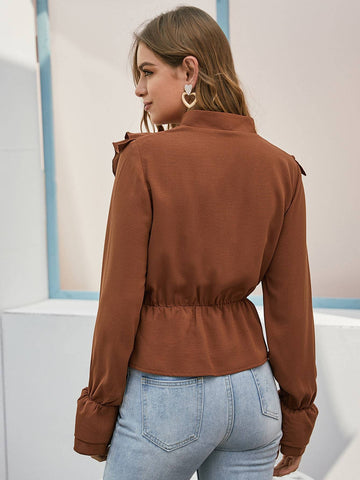 Flounce Sleeve Ruffle Trim Peplum Blouse