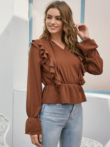 Flounce Sleeve Ruffle Trim Peplum Blouse