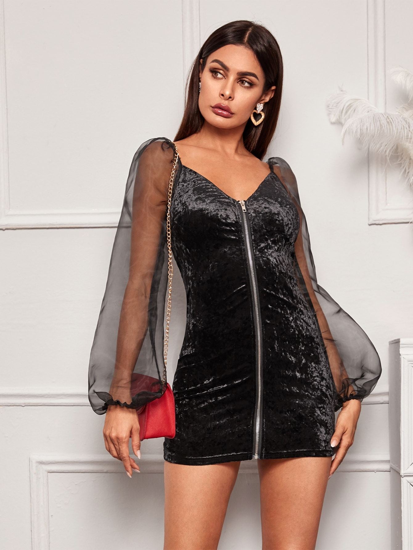 Contrast Mesh Zipper Front Velvet Bodycon Dress