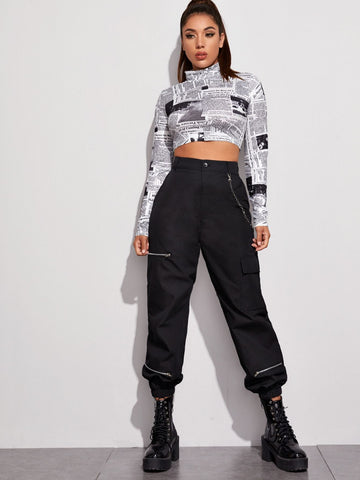 Mock Neck Newspaper Print Crop Tee