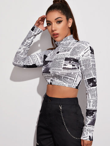 Mock Neck Newspaper Print Crop Tee