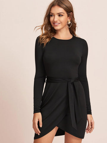 Asymmetrical Hem Self Tie Fitted Dress