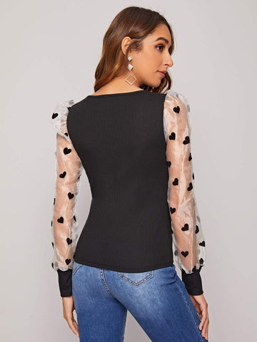 Contrast Sleeve Heart Print Tee