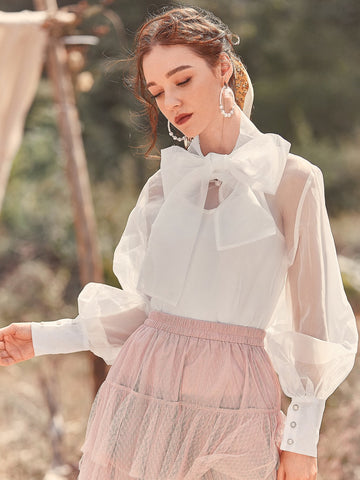 Tie Neck Blouson Sleeve Sheer Organza Blouse
