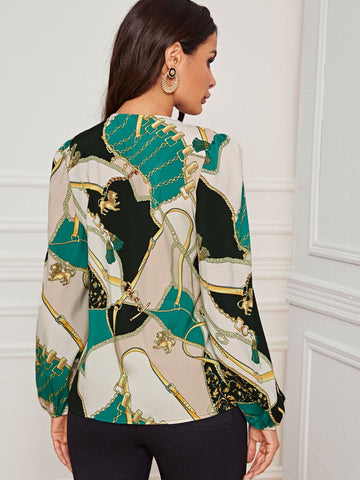 Chain And Graphic Print V Neck Blouse