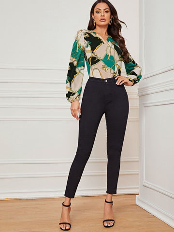 Chain And Graphic Print V Neck Blouse