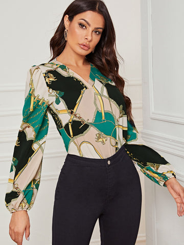 Chain And Graphic Print V Neck Blouse