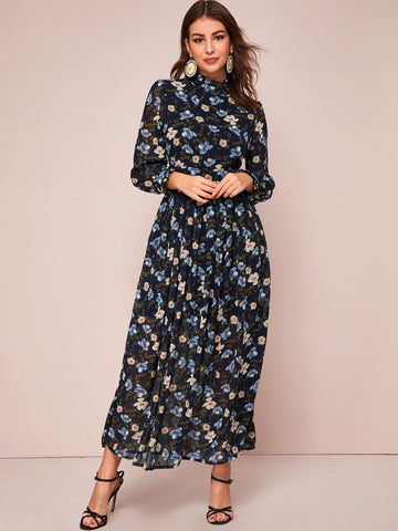 Chiffon Floral Print Frill Trim A-line Dress