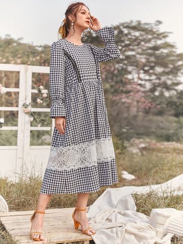 Gingham Lace Panel Flounce Sleeve Smock Dress