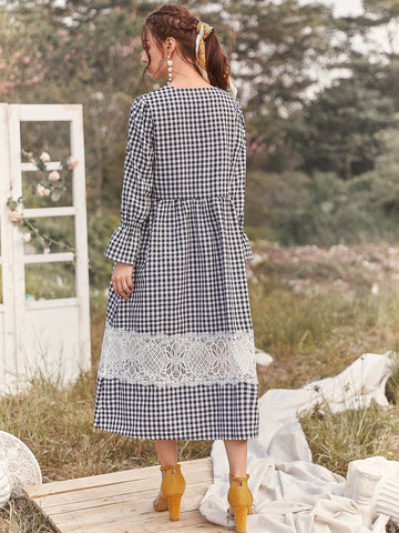 Gingham Lace Panel Flounce Sleeve Smock Dress