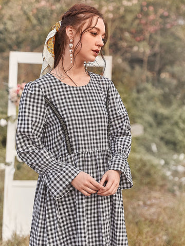 Gingham Lace Panel Flounce Sleeve Smock Dress