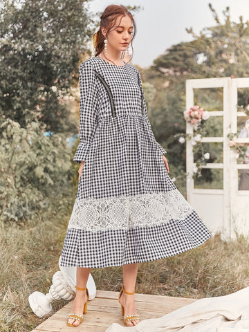 Gingham Lace Panel Flounce Sleeve Smock Dress