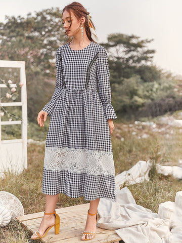 Gingham Lace Panel Flounce Sleeve Smock Dress