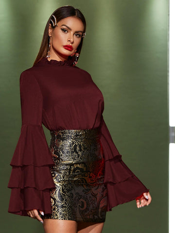 Flounce Sleeve Frilled Neckline Top