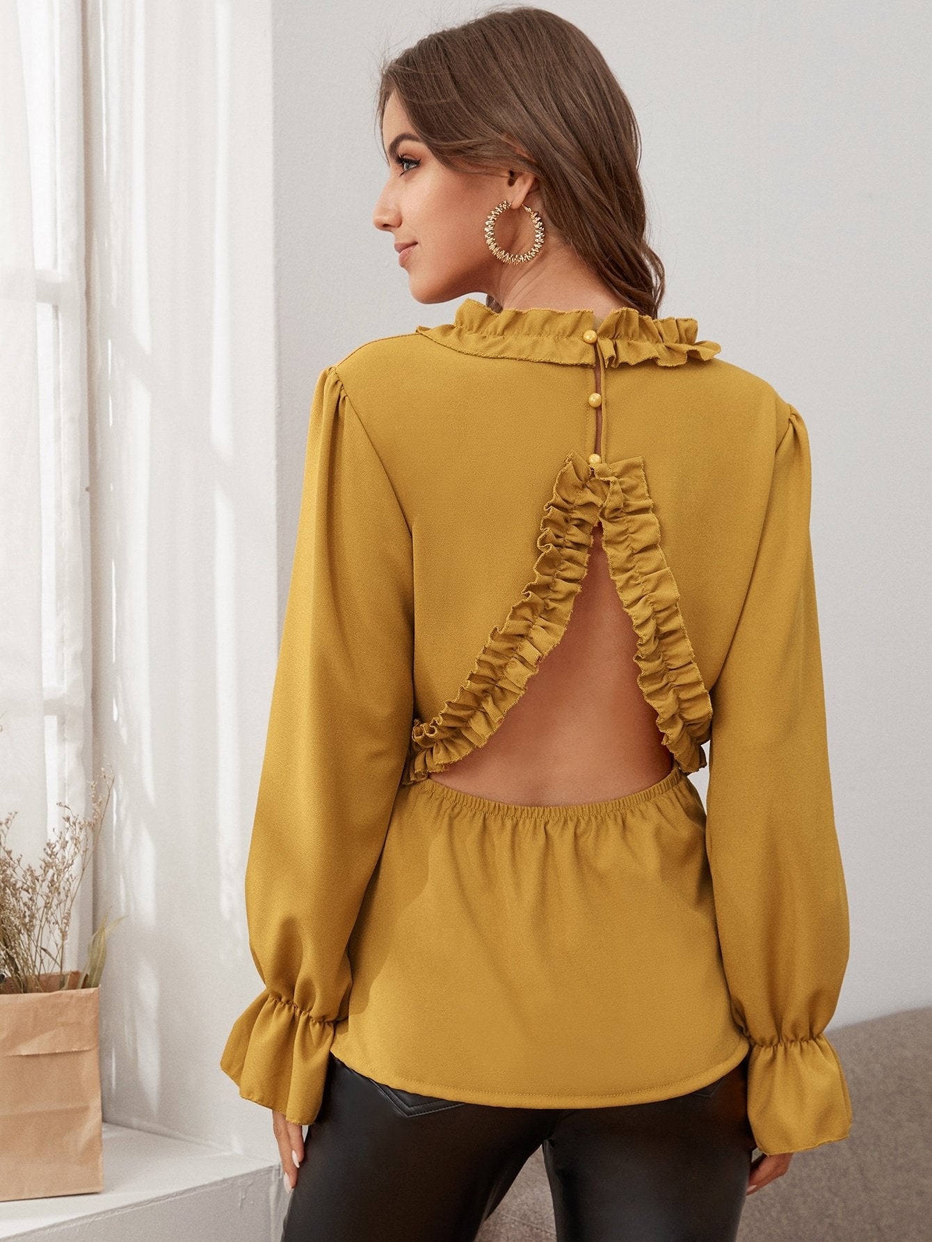 Ruffle Trim Cut Out Back Blouse
