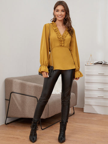 Ruffle Trim Cut Out Back Blouse