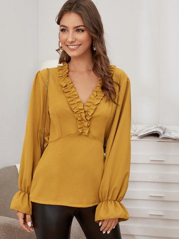 Ruffle Trim Cut Out Back Blouse