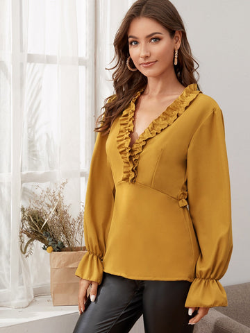 Ruffle Trim Cut Out Back Blouse