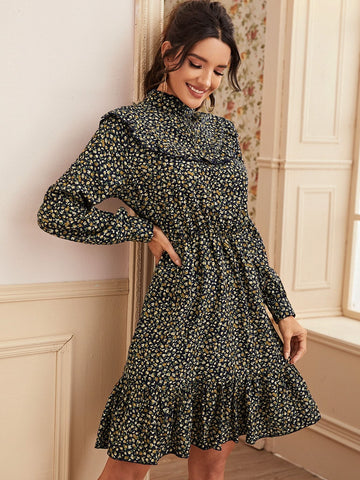 Ditsy Floral Print Ruffle Trim Dress