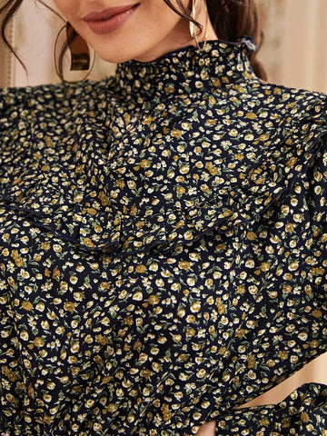 Ditsy Floral Print Ruffle Trim Dress