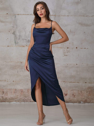 Double Crazy Wrap Hem Ruched Detail Satin Cami Dress