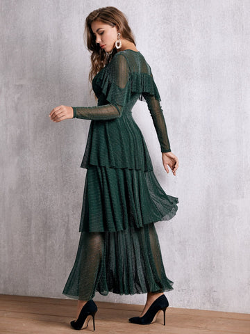 SBetro Wrap Front Layered Ruffle Hem Glitter Prom Dress
