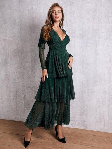SBetro Wrap Front Layered Ruffle Hem Glitter Prom Dress