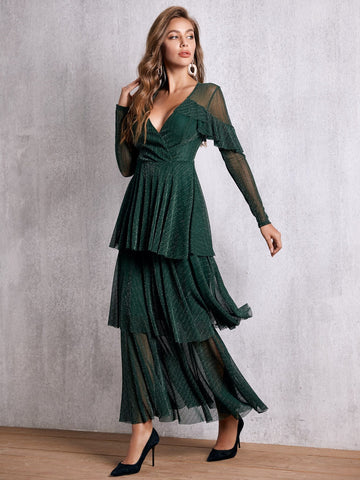 SBetro Wrap Front Layered Ruffle Hem Glitter Prom Dress