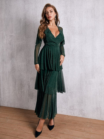 SBetro Wrap Front Layered Ruffle Hem Glitter Prom Dress