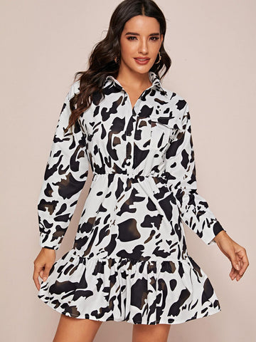 Ruffle Hem Cow Print Shirt Dress