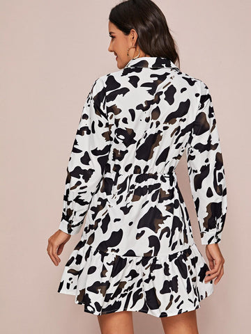 Ruffle Hem Cow Print Shirt Dress