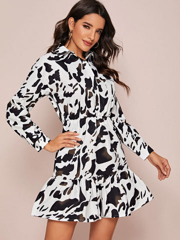 Ruffle Hem Cow Print Shirt Dress