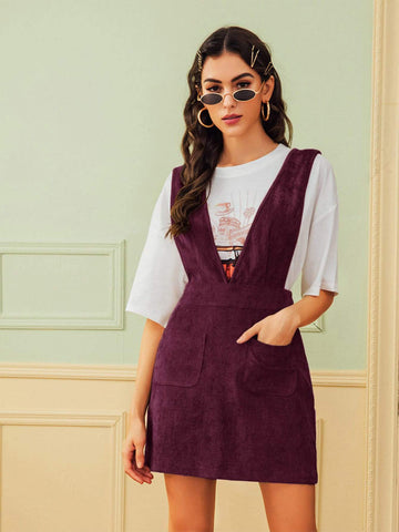 Pocket Front Corduroy Suspender Dress