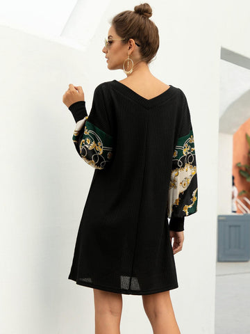 Chain Print Puff Sleeve Jumper Dress Without Belted