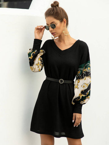 Chain Print Puff Sleeve Jumper Dress Without Belted