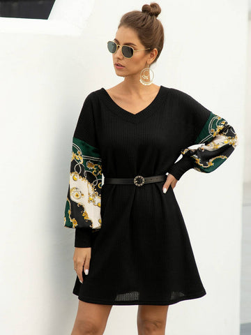 Chain Print Puff Sleeve Jumper Dress Without Belted