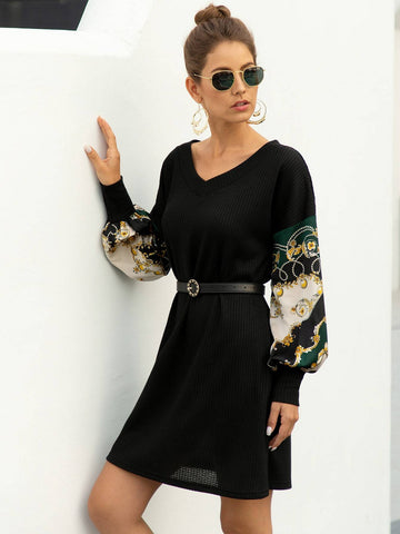 Chain Print Puff Sleeve Jumper Dress Without Belted