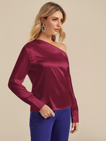 Asymmetric Neck Solid Satin Blouse