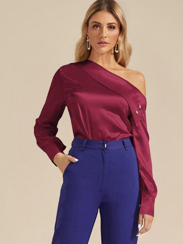 Asymmetric Neck Solid Satin Blouse