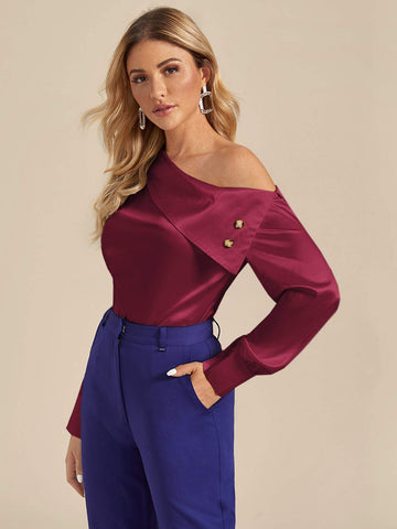 Asymmetric Neck Solid Satin Blouse