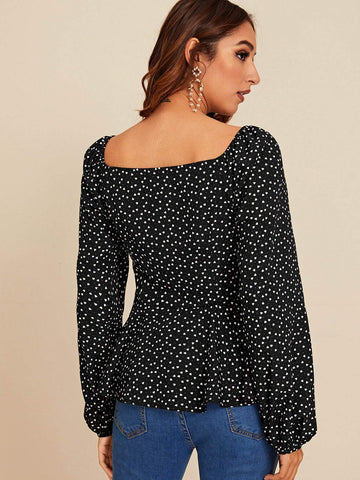 Heart Print Sweetheart Neck Peplum Blouse