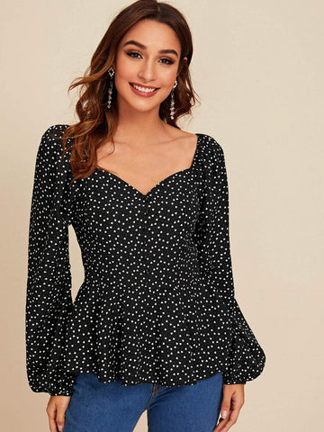 Heart Print Sweetheart Neck Peplum Blouse