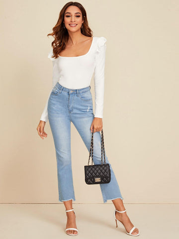 Square Neck Ruffle Slim Tee
