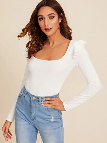 Square Neck Ruffle Slim Tee