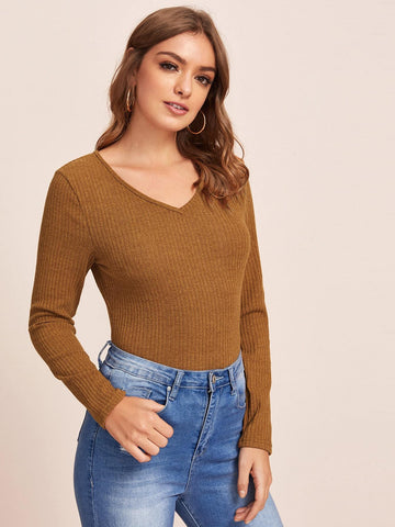 V-neck Ribbed Knit Skinny Tee