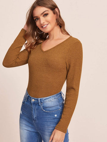 V-neck Ribbed Knit Skinny Tee