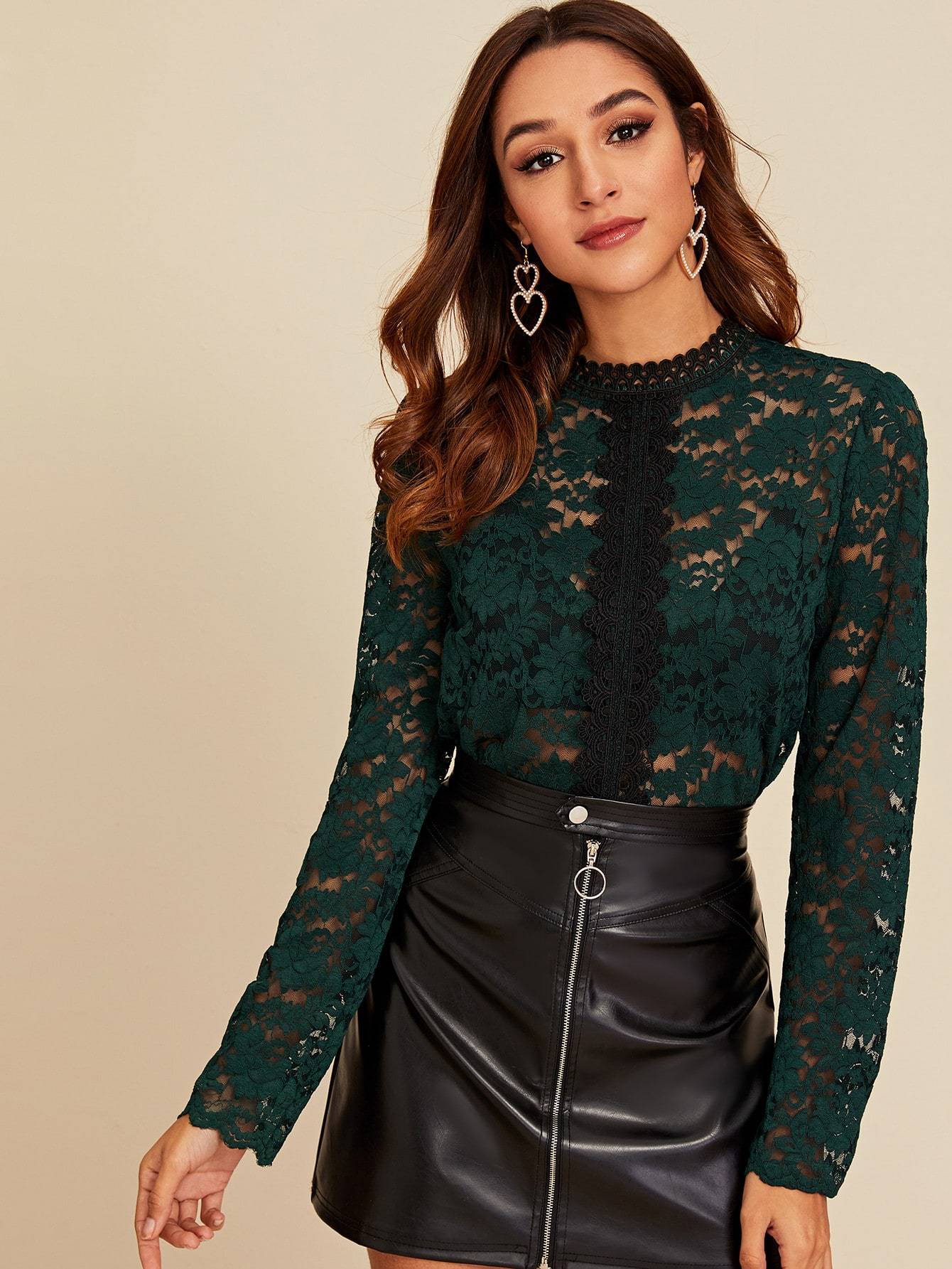 Guipure Lace Scallop Trim Sheer Blouse