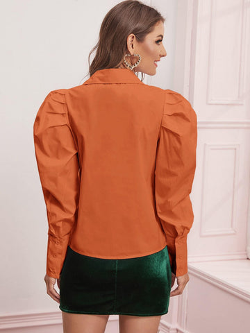 Button Front Puff Sleeve Blouse