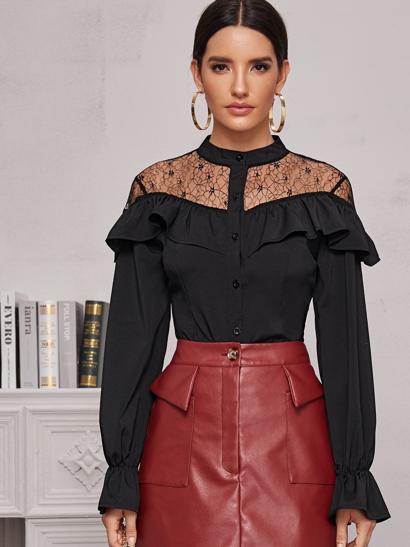 Button Front Contrast Lace Ruffle Trim Blouse