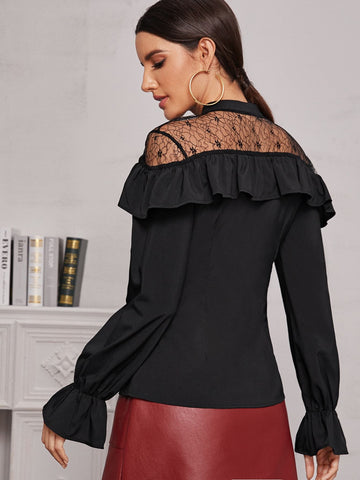 Button Front Contrast Lace Ruffle Trim Blouse